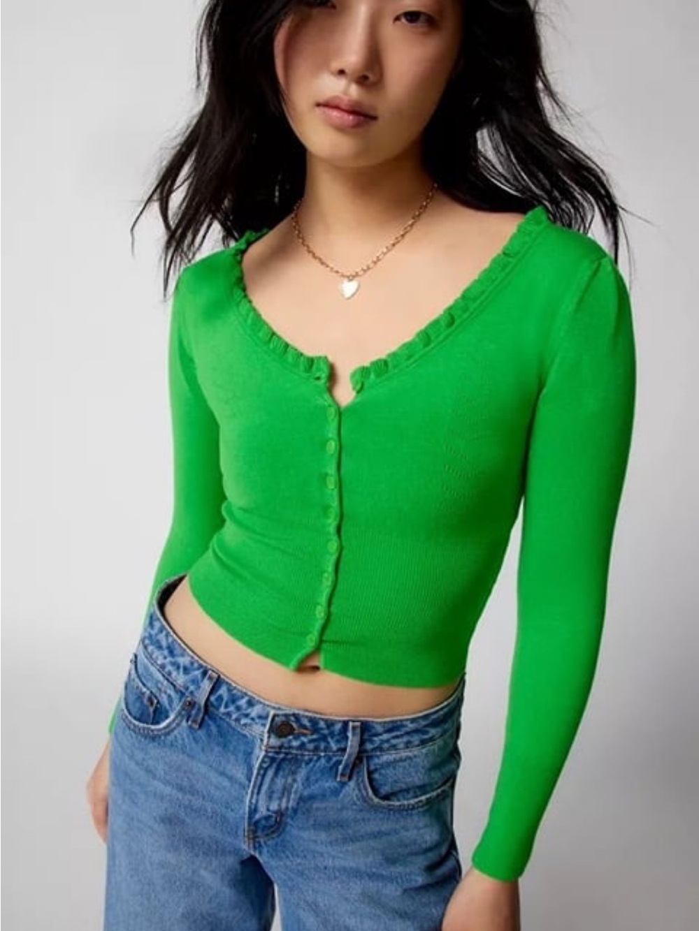 Urban Outfitters Bright Green Ruffle Trim Button Cardigan